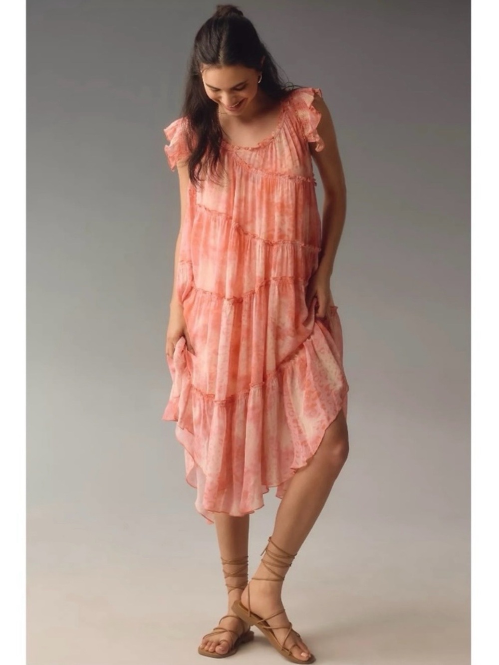 Anthropologie Asymmetric Hanky Tunic Midi Dress Size XL Peach Leopard Ombre